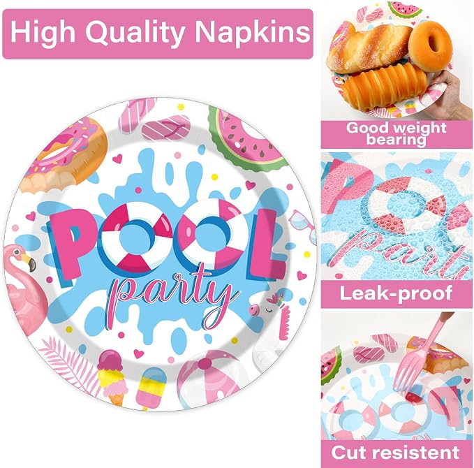 Qyeahkj 100 Pcs Summer Pool Party Plates and Napkins Set Pink Swimming Pool - Image 4