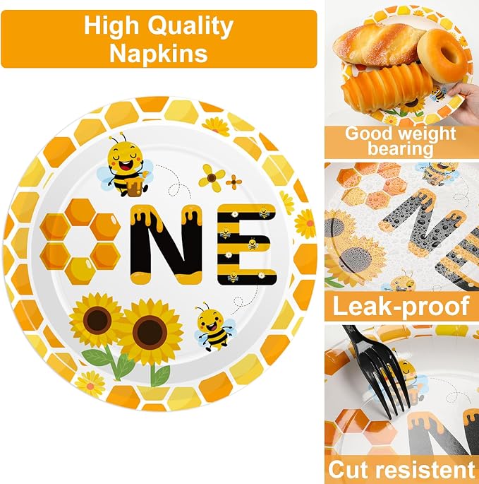Qyeahkj 100 Pcs Bee 1st Birthday Party Supplies Paper Plates and Napkins Set - Image 4