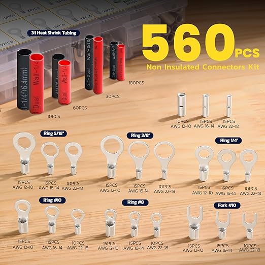 haisstronica Non Insulated Wire Connectors Kit 560 PCS - AWG 22-10 Tinned Copper Electrical Crimp Terminals with 3:1 Heat Shrink Tubing for Automotive, Marine, Industrial Wiring