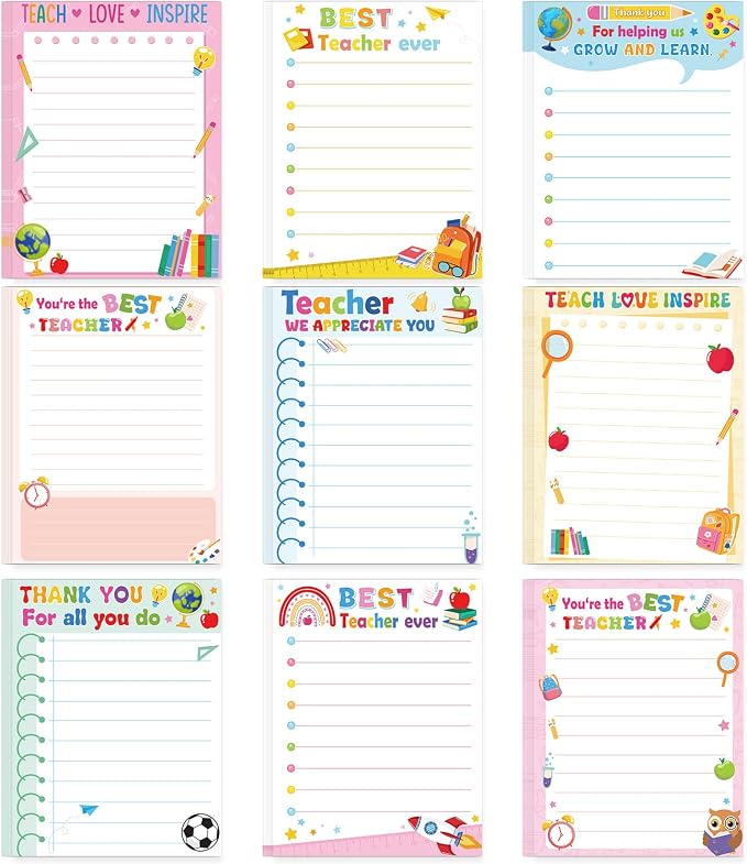 Teacher Sticky Notes Gifts, 9 Pack Inspirational Teacher Appreciation Notepads by Lovarywow