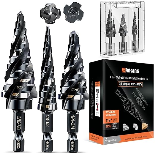 Four Spiral Flute Step Drill Bit for Metal,M35 Cobalt Unibit Step Drill Bit Set 1/8"-7/8" (3 pcs),Wear-Resistant AlTiN Coated,1/4" Hex Shank for Metal, Stainless Steel, Aluminum, Plastic