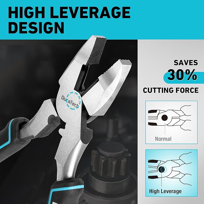 DURATECH 9.5 INCH High Leverage Linemans Pliers, Heavy Duty Side Cutters, Linesman Pliers for Wire Cutting, Crimping