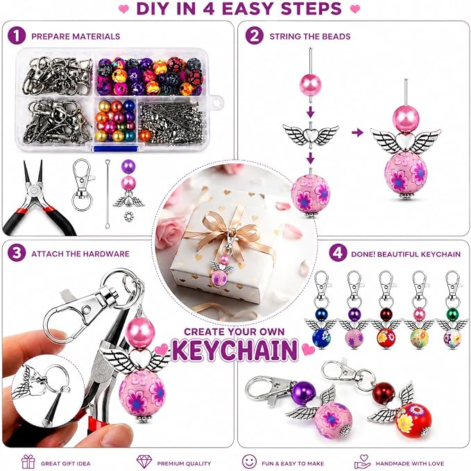 180Pcs DIY Angel Pendant Keychains Kit Includes Alloy Wing Spacer Imitated Bead - Image 3