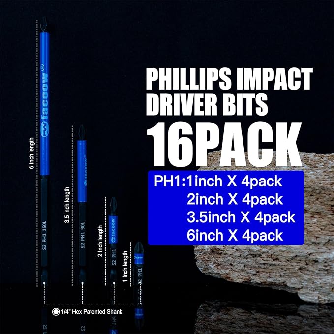 Phillips Impact Driver Bits, #1 Phillips Head Magnetic Screwdriver Bits Set, 1"-6“ S2 Alloy Steel Impact Bits, 1/4" Hex Shank Screwdriver Drill Bit, CNC Machined ph1 Impact Drill Bits,16 Pack