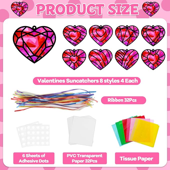 32 Sets Valentines Suncatchers Craft Kit DIY Heart Window Stained Glass Effect - Image 2