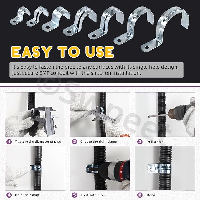 Swpeet 85Pcs 7 Size Zinc Plated One Hole EMT Pipe Strap Assortment Kit, Pipe Straps U Bracket Tube Strap Pipe Clamp 1 Hole Snap On Pipe Strap Conduit Clamps Tension Clips for Fixing EMT Conduit Pipe