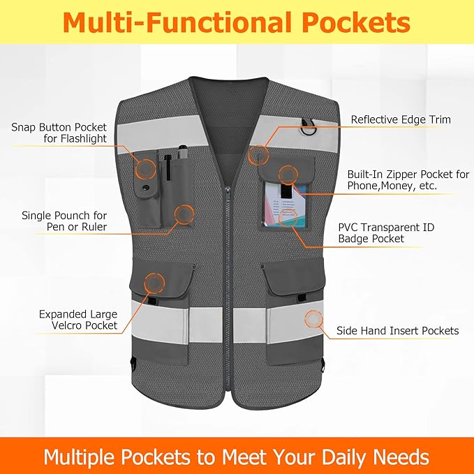 TCCFCCT Grey Safety Vest for Men Women 9 Pockets Mesh High Visibility Reflective Vest for Safety, Work Vest with Reflective Strips, Meets ANSI/ISEA Standards, 5X-Large