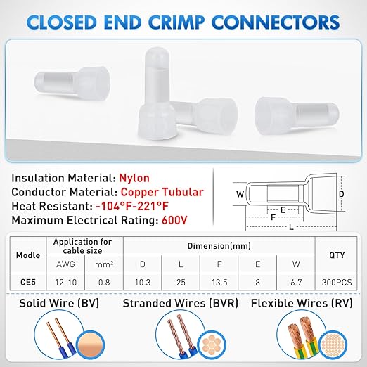Nilight 300PCS CE5 Closed End Crimp Terminal 12-10 Gauge Nylon Insulated Closed End Wire Cap Wire Connectors Crimp Cap Terminals Connectors for Automotive Car Truck Boats Marine Electrical Wiring