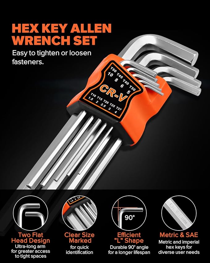 27pcs Allen Wrench Set - Long Arm SAE & Metric Torx Star Ball End Hex Key Set