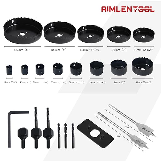 Hole Saw Set, 26PCS Hole Saw Kit with 3/4" to 5" (19mm-127mm) Saw Blades, Spade Drill Bit, Mandrels, Drill Bits, Installation Plate,Hex Key with Storage Box for Soft Wood, Plastic,PVC Board