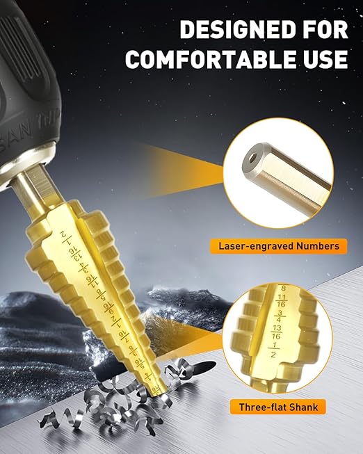 COMOWARE Step Drill Bit Set 5-Piece Titanium-Coated with Automatic Center Punch HSS- Covering 50 Sizes, Complete with Aluminum Case