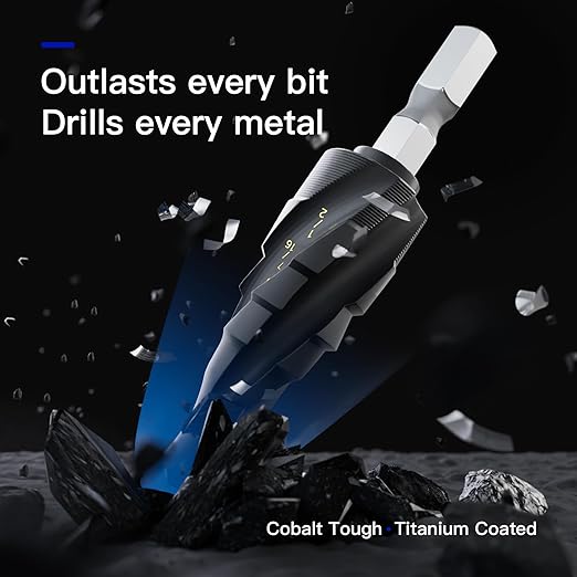 Cobalt Steel Step Drill Bit Set - Suitable for Metals, 1/4“ to 1-3/8” Specifications, Impact Step Drill bits with Titanium Coating and Aluminum Shell Professional Metal Drill bits