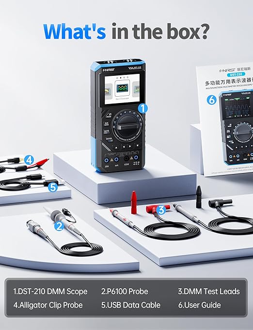 FNIRSI DST-210 Handheld Oscilloscope 10MHz Bandwidth, 19999 Counts, Digital Oscilloscope Multimeter DDS Generator 3IN1, 48MS/s Sampling Rate, AC/DC Voltage Current, Capacitor, Resistor, Diode Test