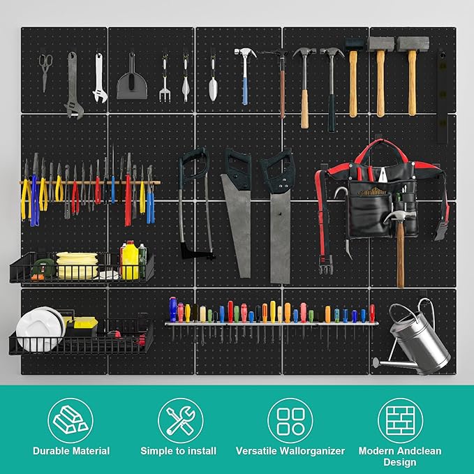 Peg Board, 4 Pack Metal Pegboard Panels Black Pegboards Wall Organizer with Bent Frame Large Heavy Duty Peg Board for Walls Home, Garage Tool Storage, Office Organization, Craft Room, Kitchen