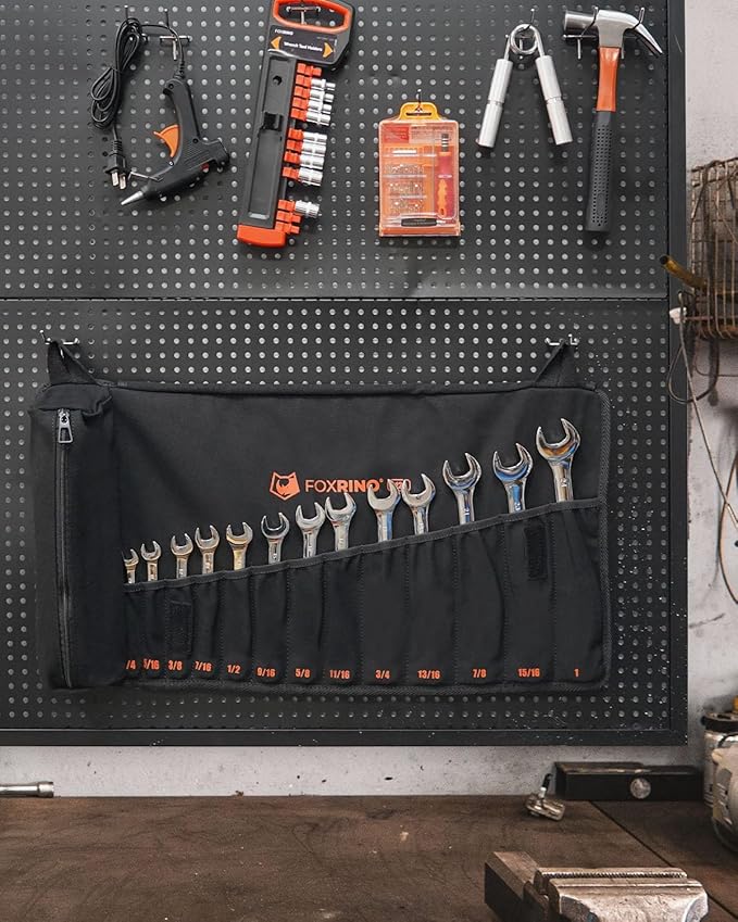 Wrench Roll, Wrench Roll Up Pouch, Gifts for Men Father Dad Mechanic, Heavy Duty Canvas Wrench Organizer Bag (Black, 13+1 SAE)