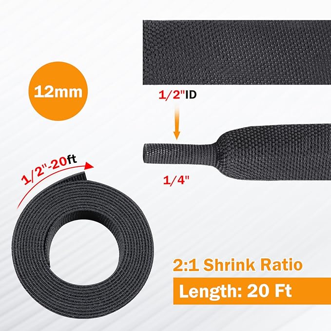 2:1 Ratio Flat Heat Shrinkable Braided Sleeving,Electrical Insulating Tubing,Durable Automotive Fabric Harness Shrinking Sheath (1/2"-20ft)