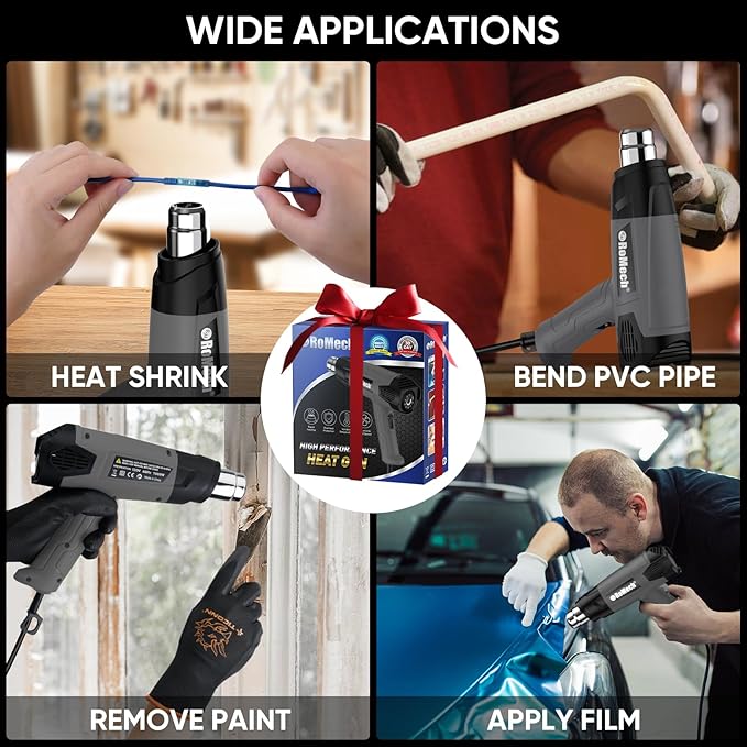 ROMECH Heat Gun, Heavy Duty Fast Heating, Variable Control 120°F~1200°F (50℃-500℃) 4 Nozzles Heat Gun for Crafting, Shrink Tubing,Vinyl Wrap(Gray)