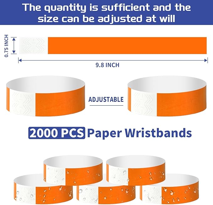 2000 Pcs Paper Wristbands for Events Waterproof Neon Orange Wrist Bands Adhesive Concert Identification Wristbands Hand Bands for Events(Orange)