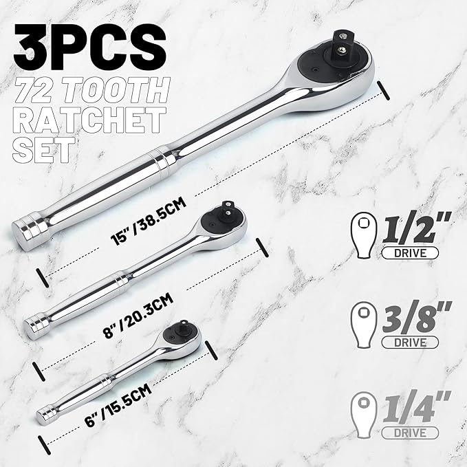 Long Ratchet Wrench Set, 1/4", 3/8", 1/2" Drive Long Handle Ratchet 3pcs Set, 72-Tooth Reversible Quick-Release, CR Steel and CR-MO Head, with EVA Storage Tray