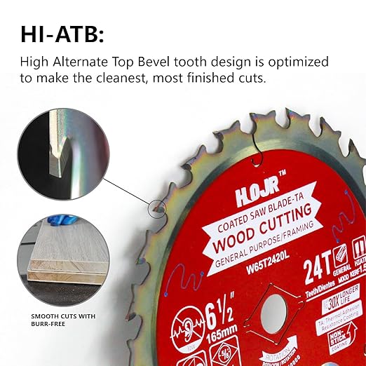 Woodworking Circular Saw Blade TA Series, 6-1/2" Arbor: 5/8", Framing/General Wood Cutting, Cutting Head with Special Anti-Heat Adhesion Coating, Long Life, High Finish, W6-1/2 24T Teeth TA