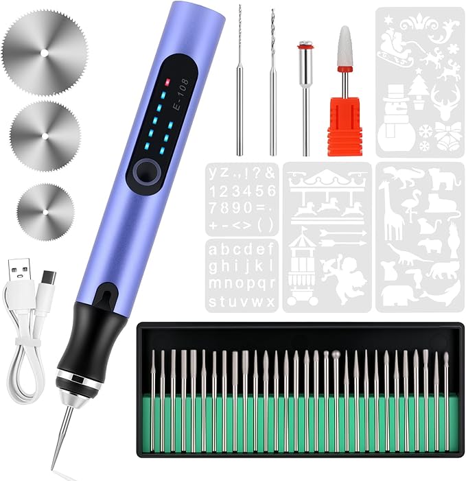 Electric Engraving Pen with 37 Bits, USB Rechargeable Cordless Etching Engraving Tool, Portable DIY Rotary Engraver for Jewelry Wood Glass Stone Carving (Purple)