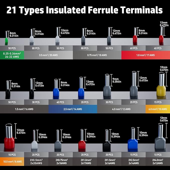 PEBA Ferrule Crimping Tool Kit - 21 Sizes Ferrule Kit & AWG 28-7 Self-Adjusting Square Crimper for Effortless Electrical Wire Ferrules | Ratchet Crimping Tool - Wire Ferrules Connections Kit
