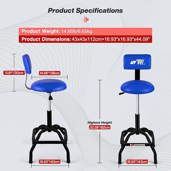 Shop Stool with Backrest, Mechanic Garage Stool for Workshop, Adjustable Shop Stools Chair, Padded Workbench Stools for Men Women, 300 LBS Capacity, 360° Swivel PVC Seat, Heavy Duty, Blue