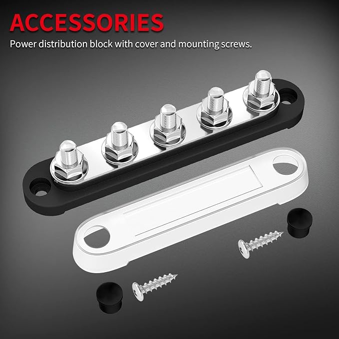 DAIERTEK 12V Bus Bar 5 x 5/16" (M8) Terminal Studs 12V Power Distribution Block with Cover Max 300V AC 48V DC Positive & Negative Battery Distribution Block for Automotive Car Boat