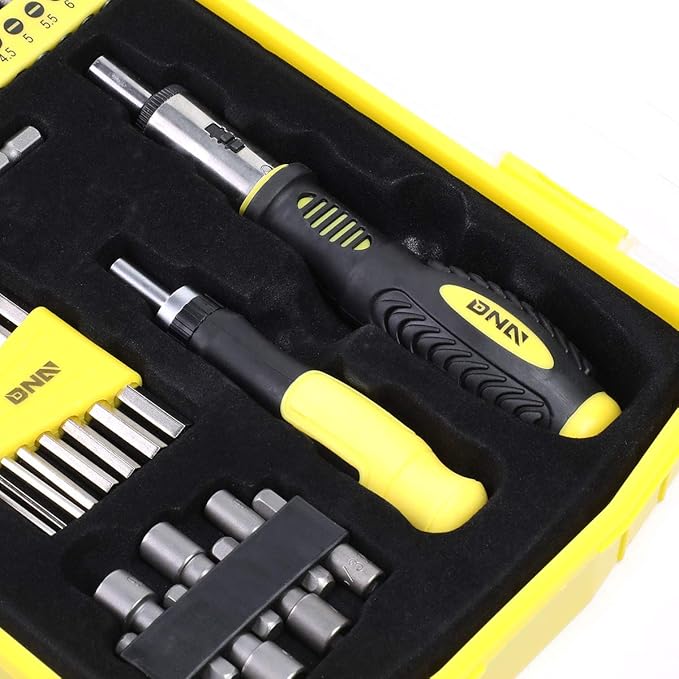DNA MOTORING Universal Hand Tool Kit, Multi-Bit Screwdriver Hex Keys Set, Multibit Screw Driver with Screwdriver Bits, Nut Driver Set for SAE and Metric, Yellow, TOOLS-00038