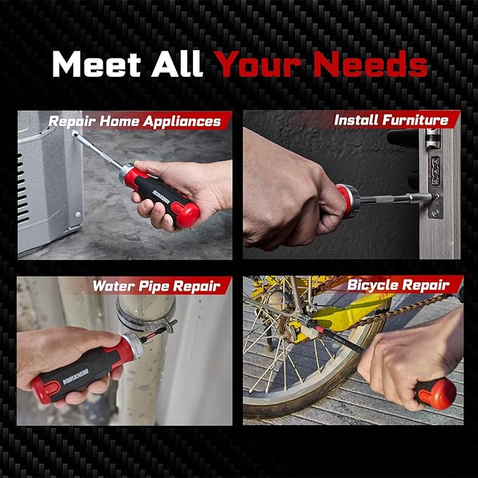 Ratcheting Screwdriver with Bit Storage Multi-bit Magnetic 1/4” Hex Shaft Screwdriver Handle for Phillips Flat Square Hex Screw Driver Repair Tool