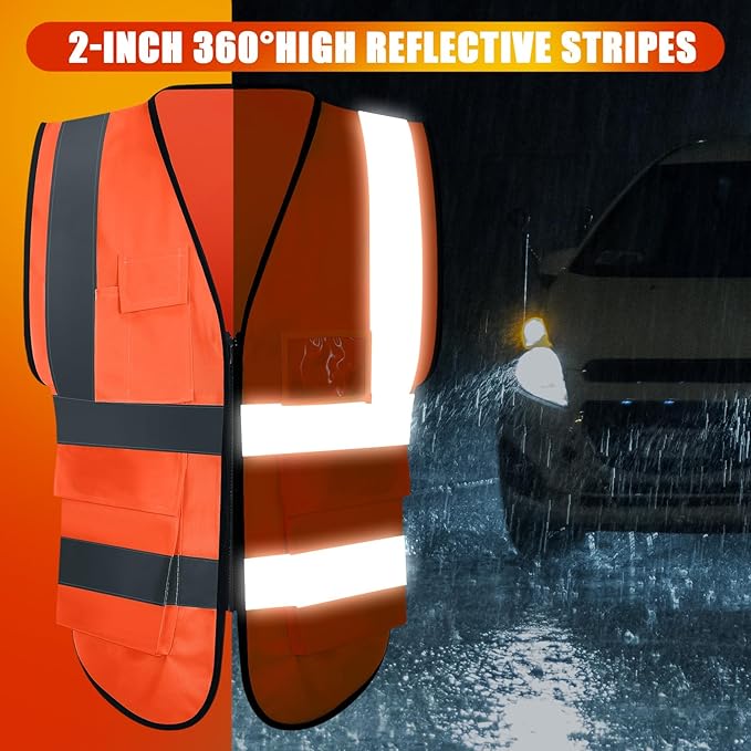 15 Pack Reflective Safety Vests with Pockets and Zipper High Visibility Vest Construction Work Vest for Men Women(Orange Red, X-Large)
