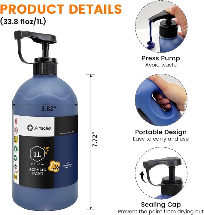 Artecho Phthalo Blue Acrylic Paint 1000ml / 33.8 fl oz Pump Dispenser | Large - Image 3