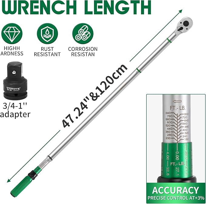3/4-Inch Drive Click Torque Wrench, Dual-Direction Click Professional Torque Wrench 160-840FT.LB/135-815N.M, Dual Range Scales Graduated in FT.LB and N.M