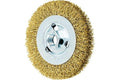 PFERD Crimped Wheel Brush - Brass Wire, 4" Diameter, 5/8-11 Thread, 0.012 Wire Size, 11/16" Trim Length, 1/2" Face Width, 12500 RPM - Ideal for Surface Preparation and Finishing - Part 82367