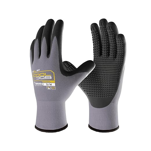 COOLJOB 3/6/12 Pairs Nitrile Rubber Coated Nylon Safety Work Gloves, Dotted for Non-Slip Grip, Breathable Soft Seamless Knit Nitrile Dipped Gloves for Warehouse, Home Improvement, Yard, Grey Small