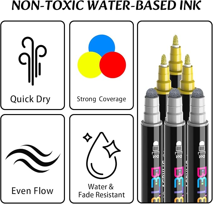 Betem 6 Gold&Silver Dual Tip Acrylic Paint Markers, Fabric Decorating Kits - Image 3