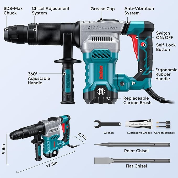 ENEACRO SDS-Max Demolition Jack Hammer for Concrete, Lightweight 11 Amp Electric Demo Chipping Hammer，Aluminum Alloy Shell, Vibration Control, Includes Grease, Tool Bag and Chisels