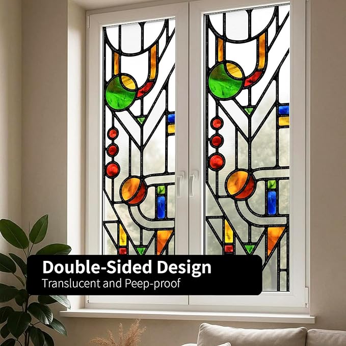 Original Hand Drawn Faux Stained Glass Window Film Double-Sided Texture Static - Image 7