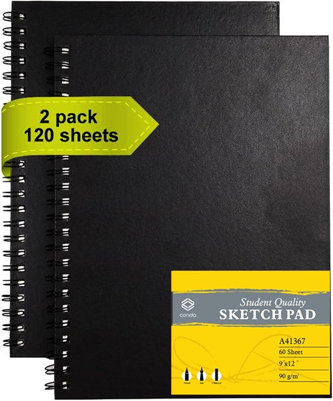 CONDA 9"x12" Sketch Book Set, 2 Pack, 120 Sheets, Spiral Bound Marker Pad by CONDA