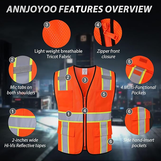 Class 2 Safety Vest with Zipper Front and multiple Pockets, High Visibility Vest, Meets ANSI/ISEA Standards