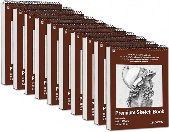 10 Pack Sketch Book, 8.5x11 Inch Top Spiral Sketchbook 60 Sheets Each, by TKOOFN