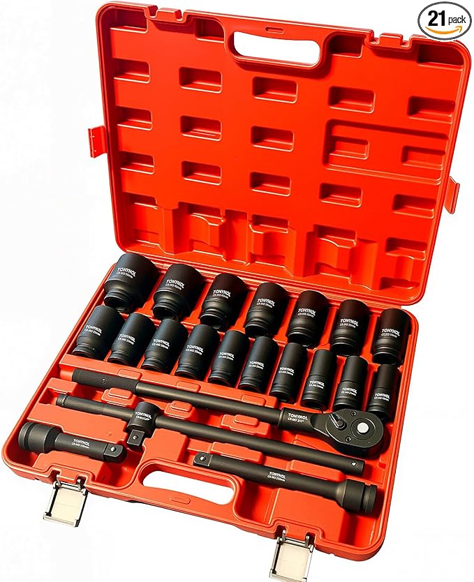3/4 Inch Drive Deep Impact Socket Set, 21 Pieces, 6 Point, Metric Sizes (19mm to 50mm) with Adapters and Quick Release Ratchet Wrench, Heavy-Duty Cr-Mo Steel, Storage Case