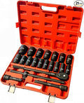 3/4 Inch Drive Deep Impact Socket Set, 21 Pieces, 6 Point, Metric Sizes (19mm to 50mm) with Adapters and Quick Release Ratchet Wrench, Heavy-Duty Cr-Mo Steel, Storage Case