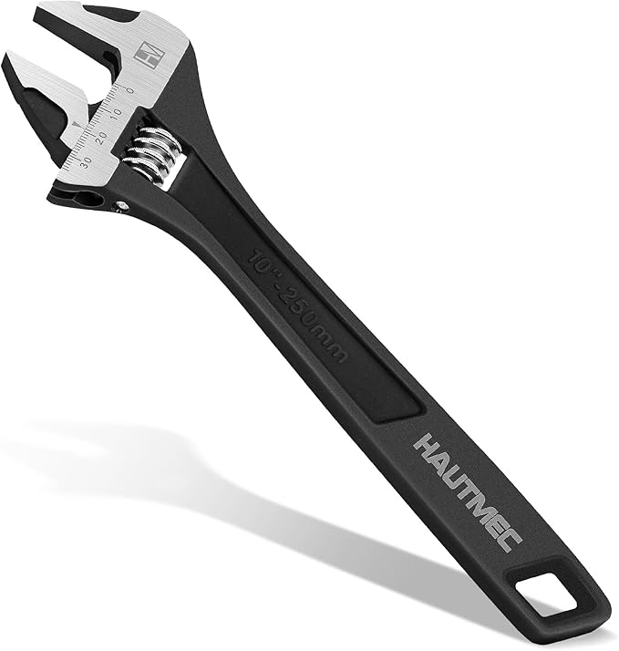HAUTMEC 10 inch Adjustable Wrench Extra Wide Jaw Black Finish Adjustable Wrenches Drop-Forged CR-V Steel Metric & SAE Scales for Home Garage Workshop DIY