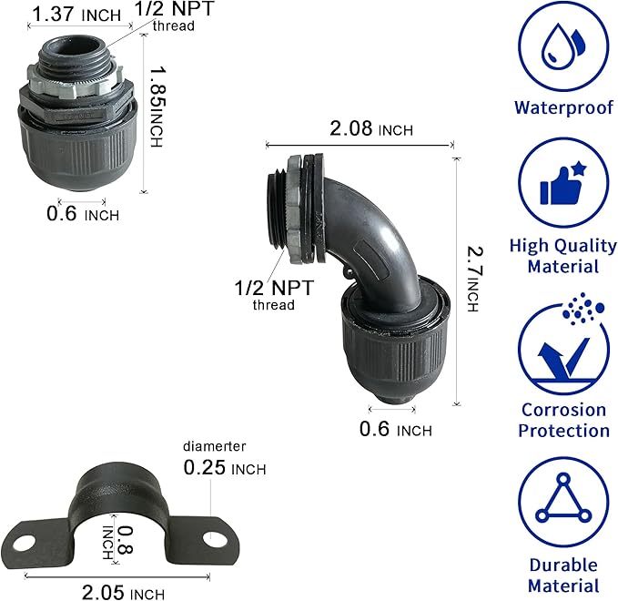 (1/2" Conduit Parts 30 Pack) Yariwiz 1/2 Black Special Extra Flexible Plastic Liquid Tight Conduit Connector Kit, Include 10 Conduit Couplings, 10 Conduit 90 Degree Elbows, 10 Conduit Strap