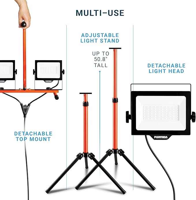 PARMIDA LED Dual-Head Work Light with Telescoping Tripod Stand Up to 6 Ft Tall, UL Approved Cable, Durable Metal Body, 10,000 Lumen, 100W, IP65 Waterproof, Rotating & Detachable Heads, 8 Ft Power Cord