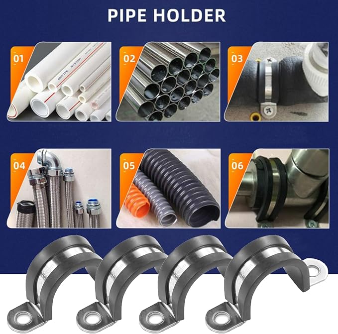 10pcs 120mm 2 Hole U-Tube Strap Clamp, 304 Stainless Steel with EPDM Rubber Lined Clip, Double-Layer Gaskets Rubber Cushioned Insulated Clamp for Tube, Pipe or Wire Cord Installation