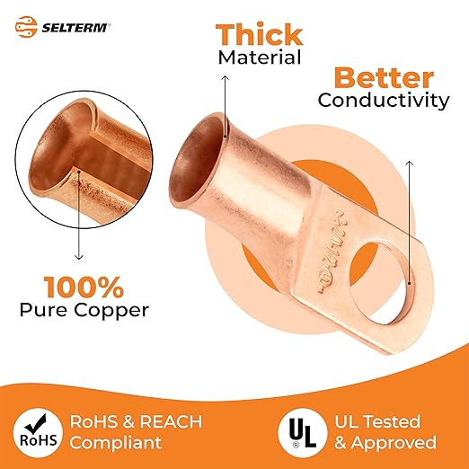 SELTERM 10pcs 2/0 AWG - 1/2" Stud - Battery Lugs, Heavy Duty Wire Lugs, Ring Terminals, Battery Cable Ends,00 Gauge Terminals, UL Bare Copper Eyelets Electrical Battery Terminal Connectors
