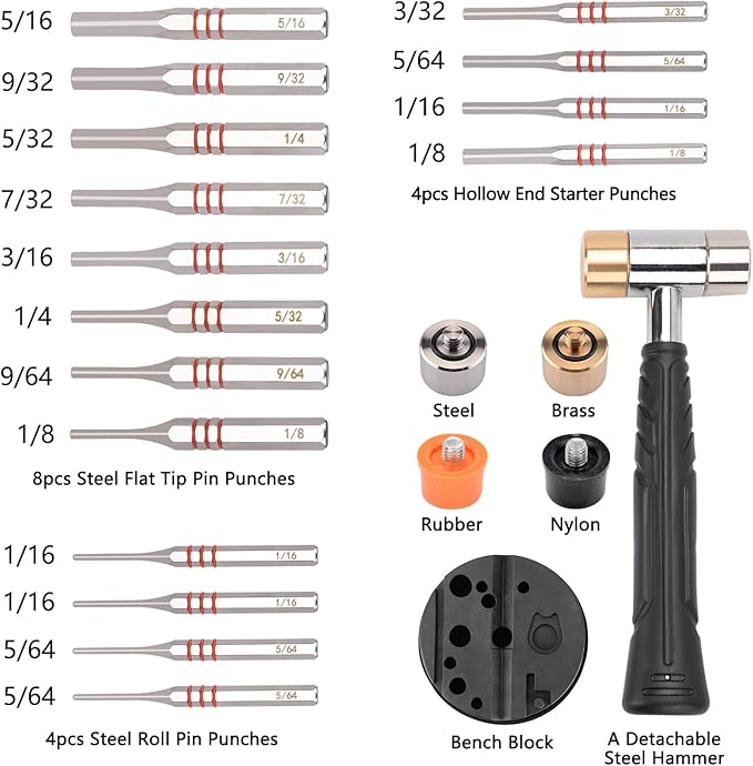 Pridefend Punch Set, Roll Pin Punch Set Made of Solid Material,Including Steel Pin Punch Set, Roll Pin Starter Punch and Hammer,with Organizer Storage Box (with Bench Block)