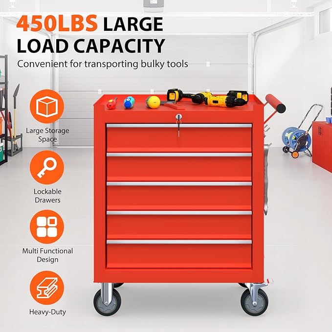 5-Drawer Rolling Tool Chest, Tool Box with 4 Wheels and Drawers, High Capacity Detachable Mobile Tool Storage Cabinet for Garage, Workshop, Mechanics and Repair Room (Red)